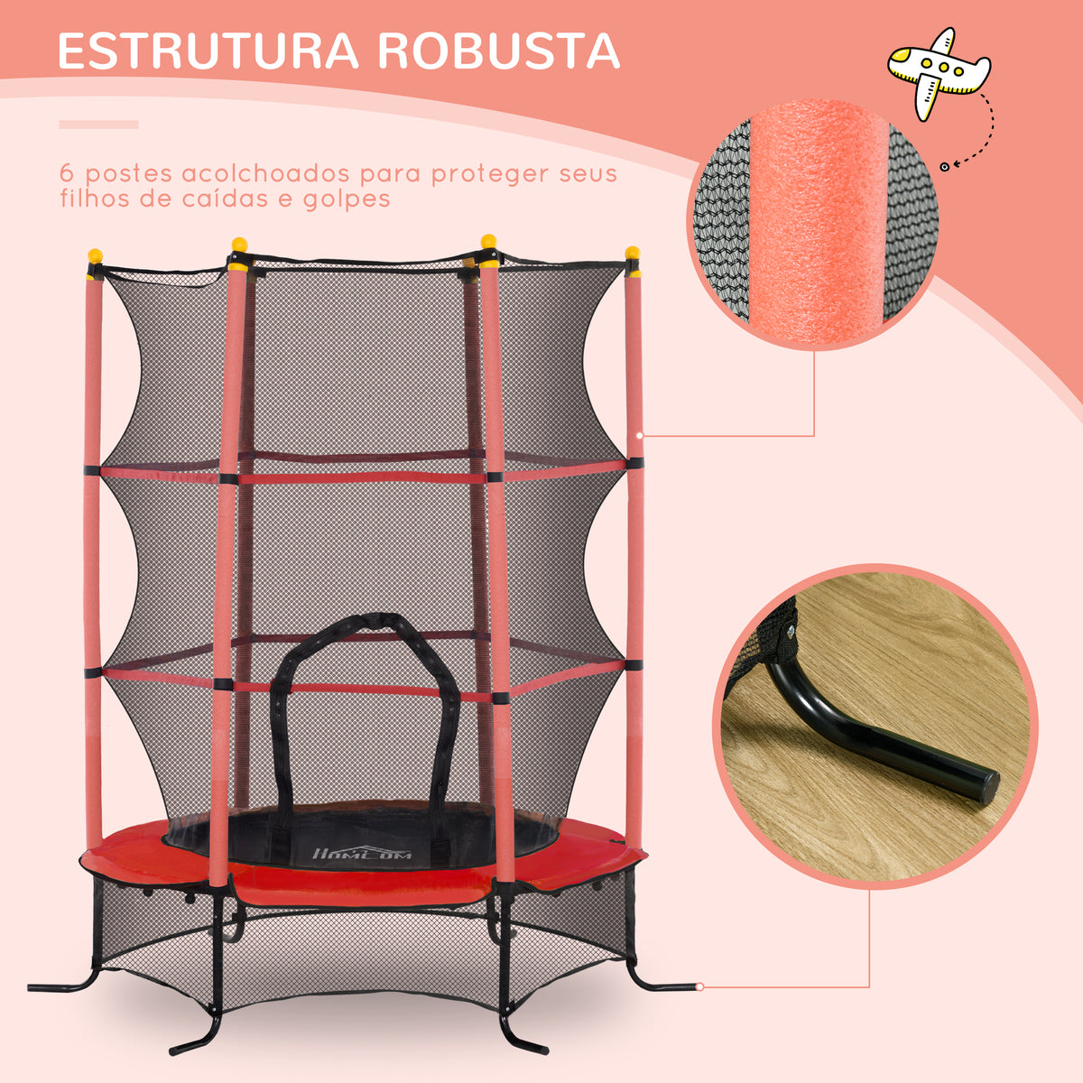 Trampolim para Crianças acima de 3 Anos Cama Elástica Infantil com Rede de Segurança e Estrutura de Aço para Interiores e Exteriores Carga 50 kg Ø163x190 cm Vermelho — foto 5