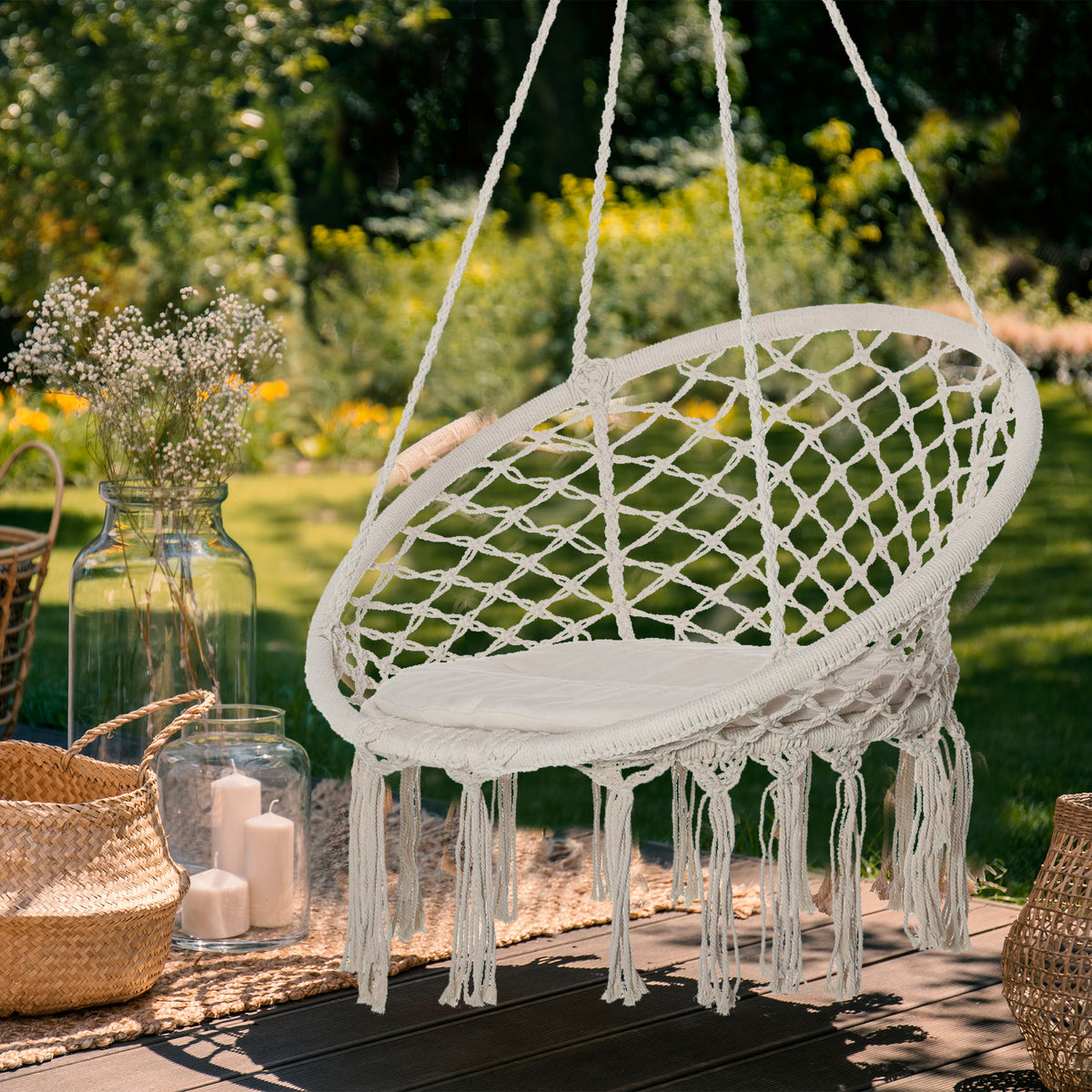 Cadeira Suspensa Redonda Ø60 cm com Almofada e Corda de Algodão para Interior e Exterior Capacidade 120 kg 80x80x42 cm Bege — foto 2