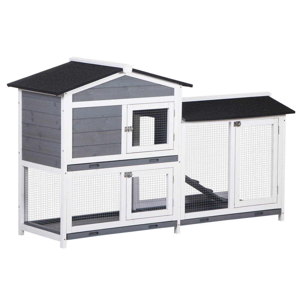 Coelheira de Madeira Exterior Gaiola para Coelhos de 2 Níveis com Teto Asfáltico 2 Cercados de Metal Bandeja Removível 3 Portas e Rampa 157,4x53x93,5 cm Cinza — foto 1