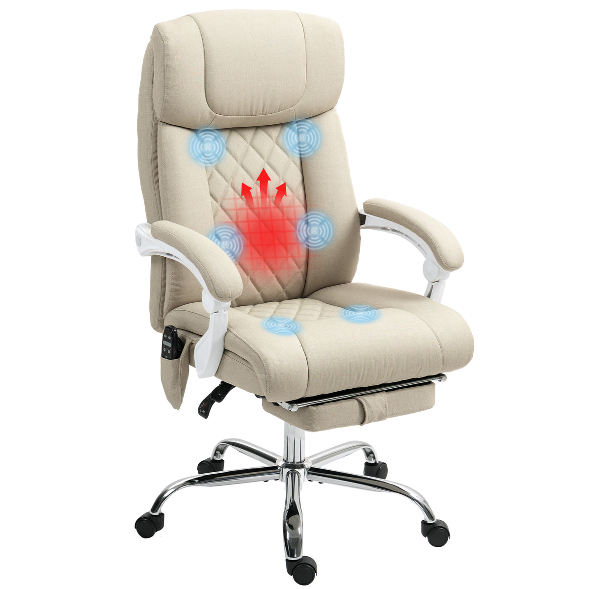 Cadeira de Escritório com Massagem Reclinável Cadeira Giratória com Altura Ajustável Função de Aquecimento Apoio para Pés Encosto Alto e Controlo Remoto para Estudo 66x70x112-120 cm Bege — foto 1