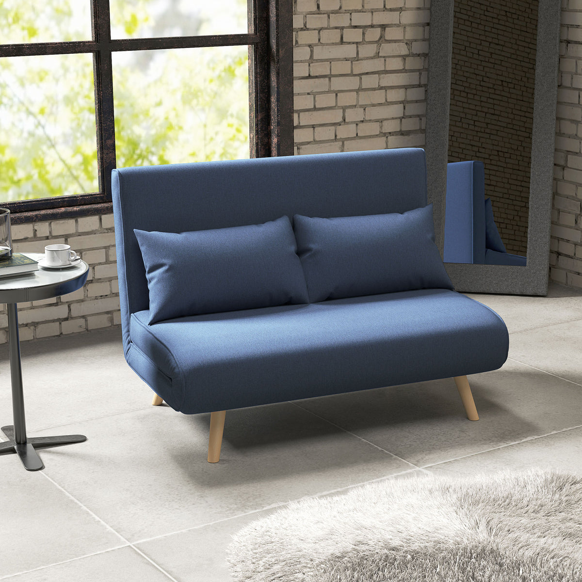 Sofá Cama de 2 Lugares Sofá Cama Dobrável Estofado em Linho com Encosto Ajustável em 5 Posições e 2 Almofadas Sofá Cama Pequeno para Sala de Estar 120x75x85 cm Azul Escuro — foto 2