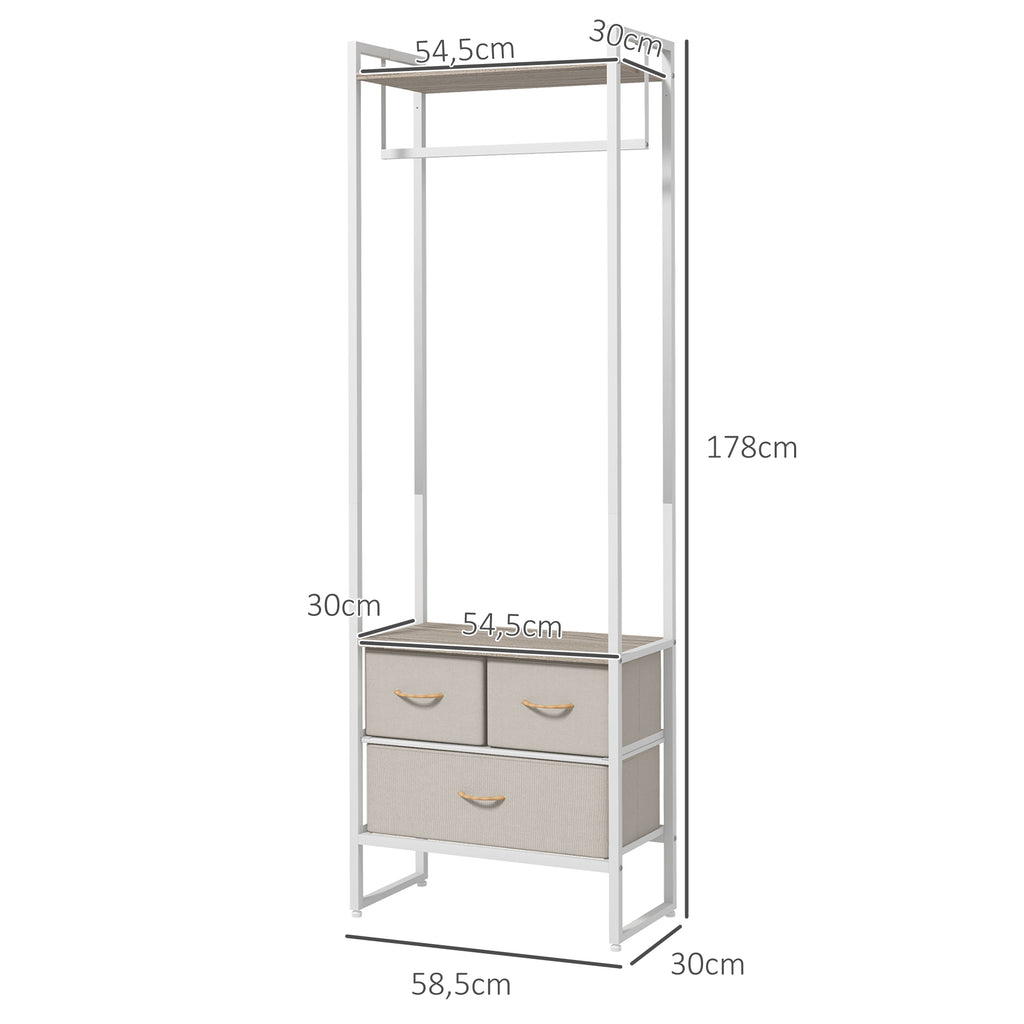 Suporte para Cabides com 3 Gavetas de Tecido Barra para Pendurar e Prateleira de Armazenamento para Entrada Quarto Sala 58,5x30x178 cm Natural — foto 3