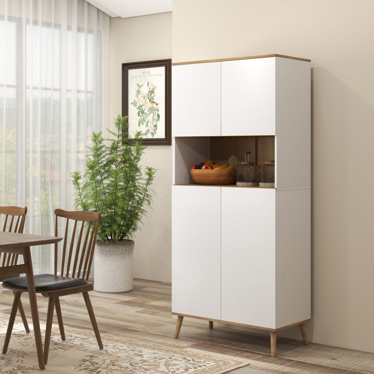Armário de Cozinha Móvel Auxiliar de Cozinha com 4 Portas Bancada para Micro-Ondas Prateleiras Ajustáveis Orifício para Cabos e Pés de Madeira Estilo Moderno 80x40x178 cm Branco — foto 2