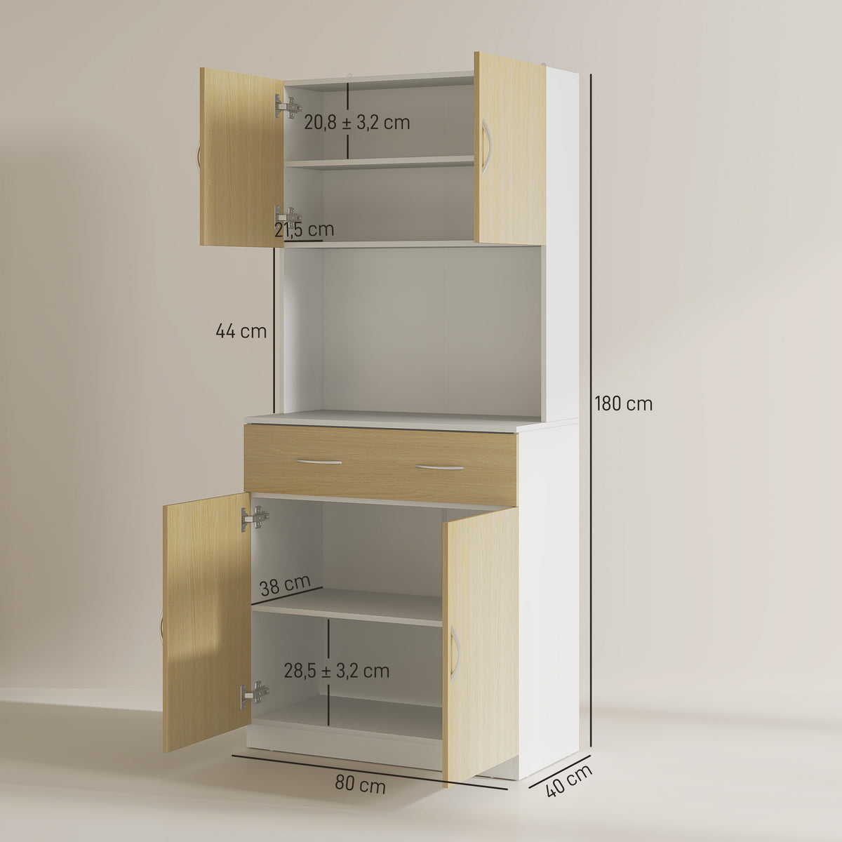 Armário de Cozinha com Gaveta 4 Portas e Prateleiras Interiores Ajustável em Altura Móvel Auxiliar de Armazenamento Moderno para Sala de Jantar Sala de Estar 80x40x180 cm Madeira e Branco — foto 3