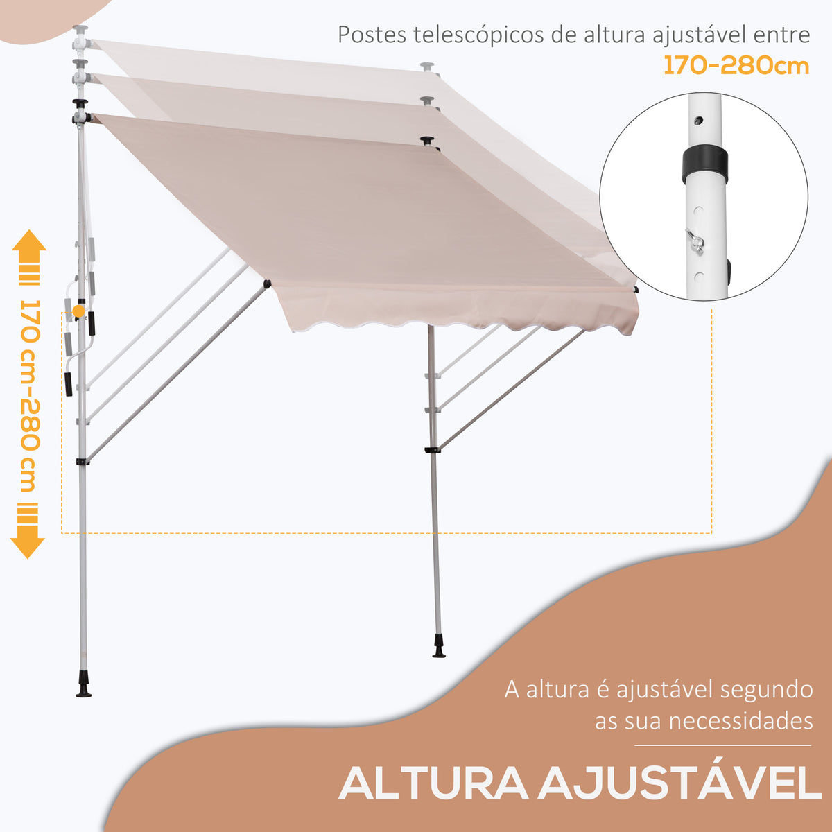 Toldo Manual Retrátil 200x150 cm com Manivela de Alumínio Ângulo Ajustável Proteção Solar para Varanda Jardim Pátio Bege — foto 4