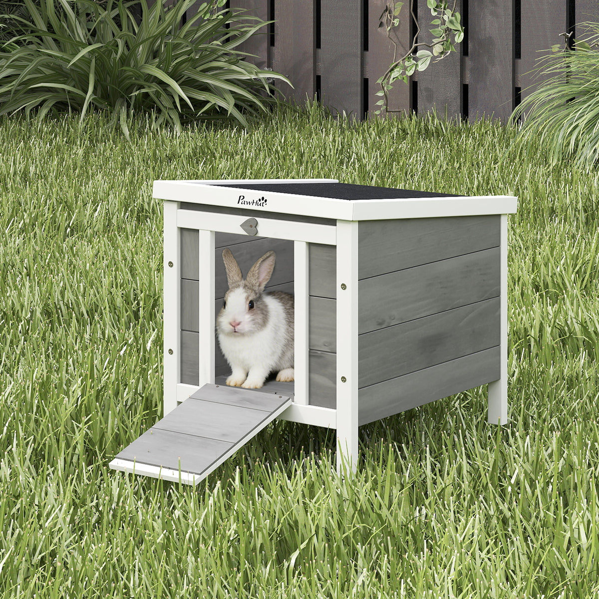 Coelheira de Madeira Exterior Coelheira para Roedores Animais de Estimação Pequenos com Teto Asfáltico e Rampa Antiderrapante 42x51x43cm Cinza — foto 2
