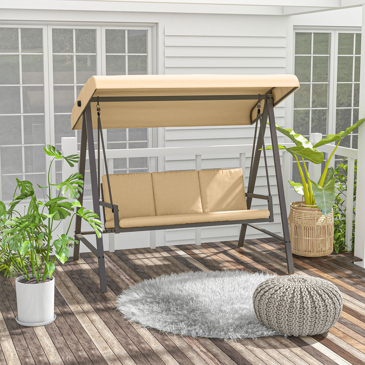 Baloiço de Jardim de 3 Lugares Baloiço de Exterior com Toldo Ajustável Almofadas Removíveis e Estrutura de Aço 200x125x175 cm Bege — foto 2