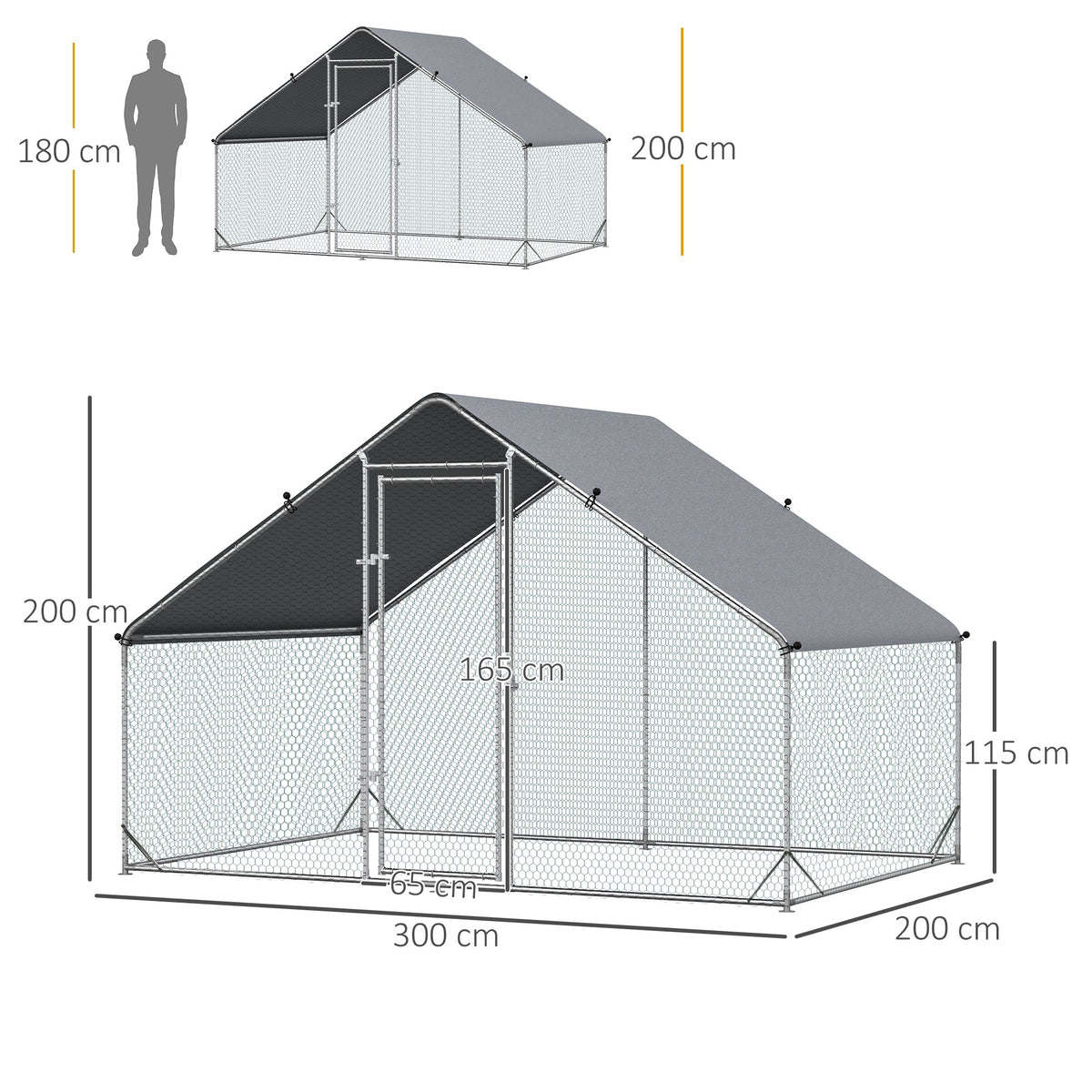 Galinheiro de Exterior Grande 3x2x2m Gaiola para 4-6 Galinhas de Aço Galvanizado com Teto de PE e Fechadura para Coelhos Prata — foto 3