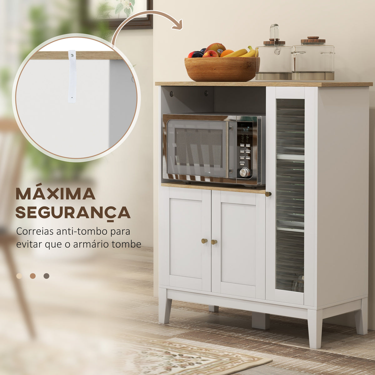 Móvel Auxiliar de Cozinha Moderno Móvel para Micro-Ondas Móvel de Cozinha com Prateleiras 3 Portas Compartimento Aberto Sistema Anti-Tombo para Sala de Jantar 80x35x97 cm Branco — foto 7