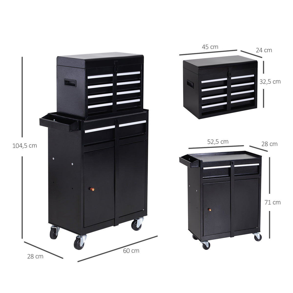 Carro de Ferramentas com Rodas Carro de Ferramentas Móvel com 5 Gavetas Armário de Armazenamento e Almofada Antiderrapante Carga 52kg para Garagem 60x28x104,5cm Preto — foto 3