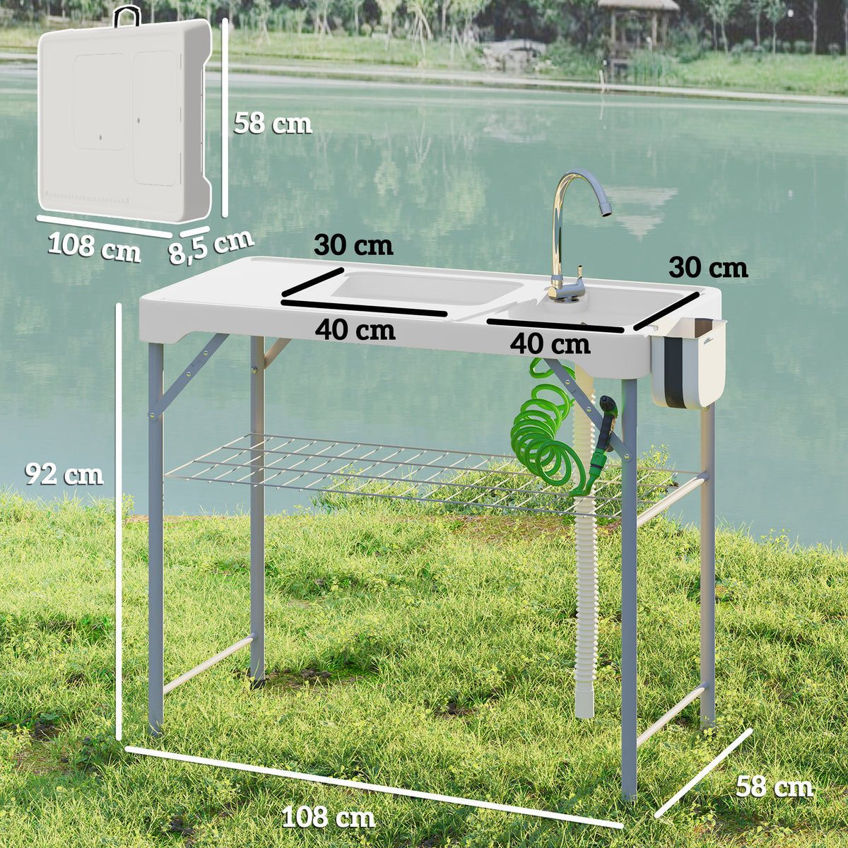 Mesa para Campismo Dobrável Mesa Mesa com 2 Lavatórios Mangueira de Drenagem Estação de Limpeza para Pesca Exterior 108x58x92 cm Branco — foto 3