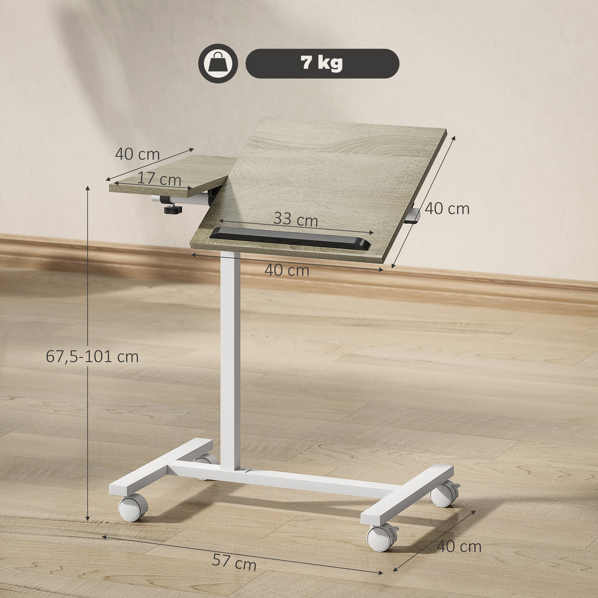 Mesa Auxiliar com Rodas Mesa para Sofá com Altura Ajustável Superfície Inclinável e Estrutura de Metal para Quarto Sala de Estar Escritório 57x40x67,5-101 cm Carvalho e Branco — foto 3