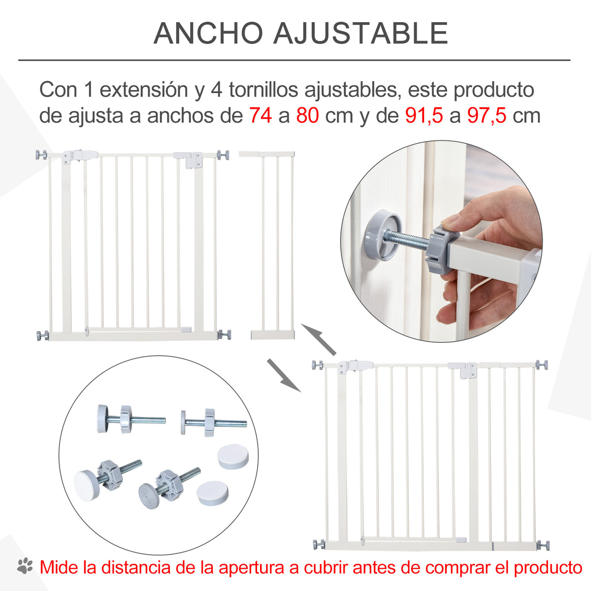 Barreira de Segurança Metálica de Portas e Escadas para Animais de Estimação Cães com Extensão de 17,5 cm Sistema de Fechamento Automático 74-97,5x76,2 cm Branco — foto 4