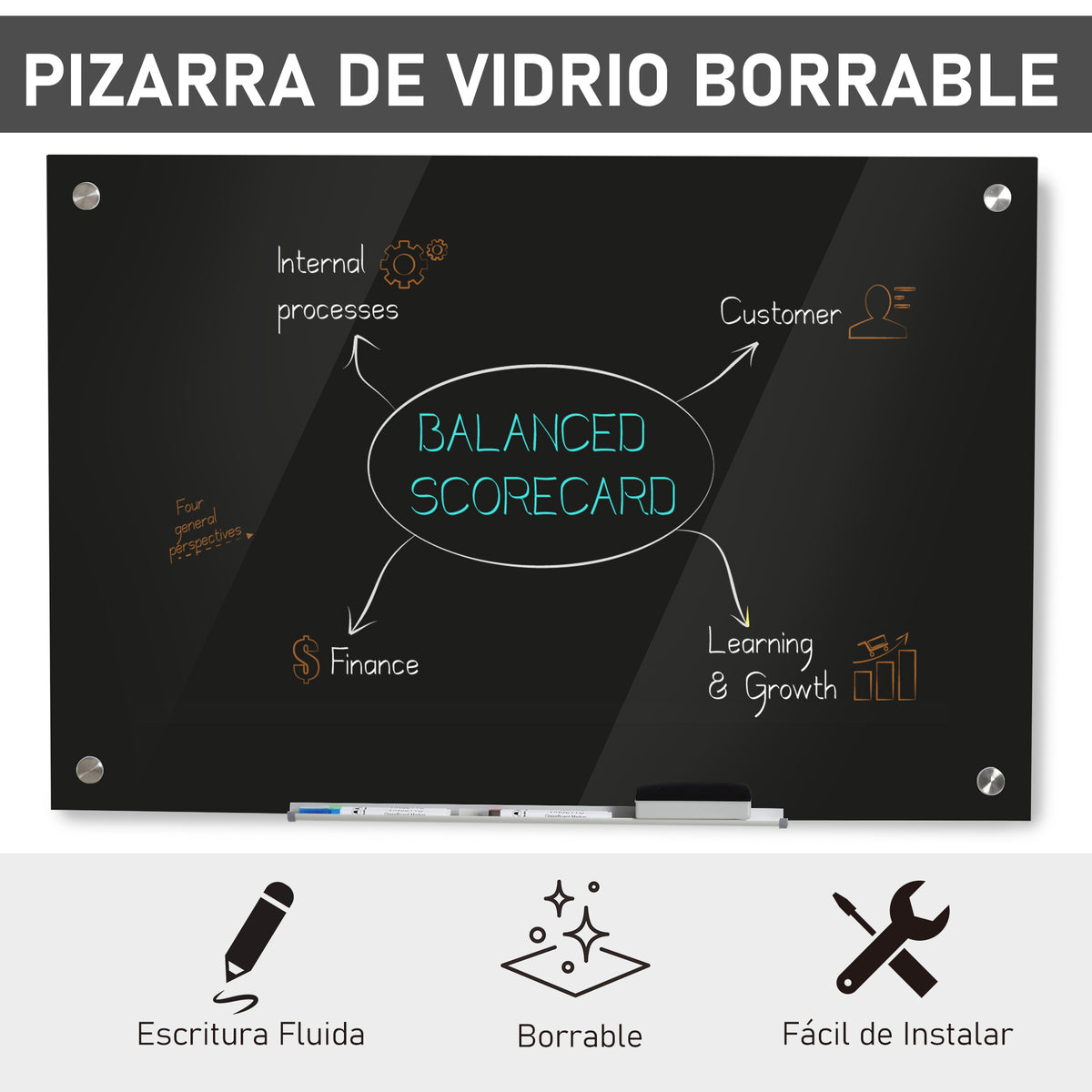 Placa de vidro magnético com bandeja Quadro de parede sem moldura Inclui 4 marcadores e borracha 90x60x0,45 cm Preto — foto 4
