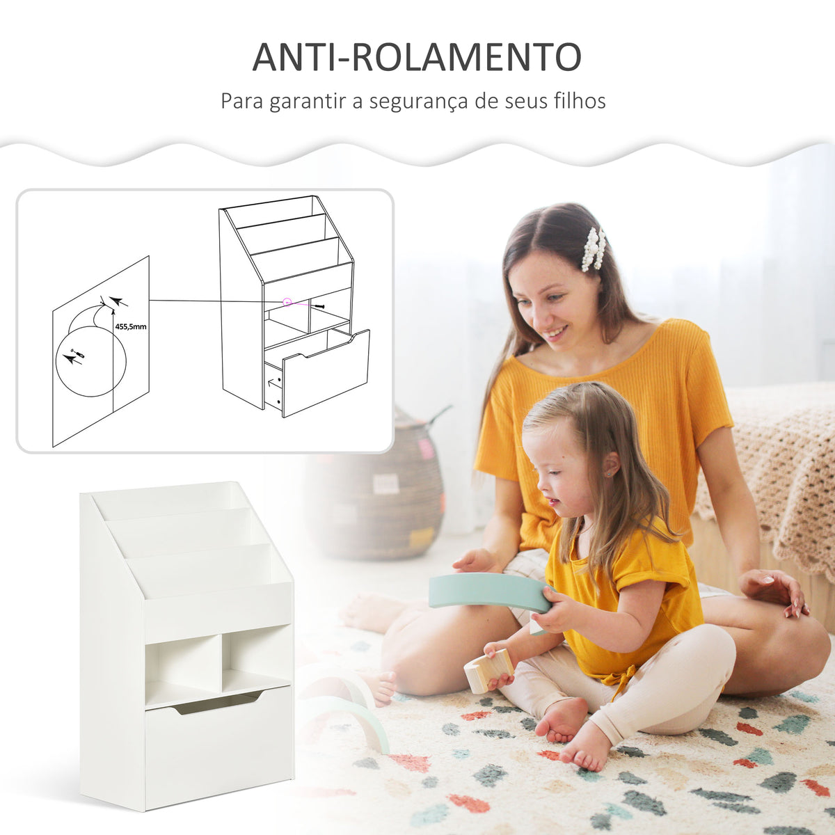 Estante de Madeira para Brinquedos com 3 Compartimentos 2 Cubos e Gaveta Móvel com 4 Rodas Estante para Livros Infantil para Dormitório Infantil Sala de Jogos 60x29,9x90cm Branco — foto 5