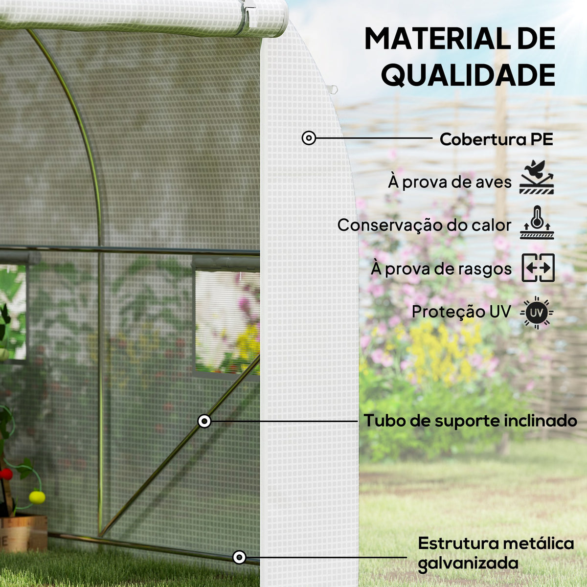 Estufa tipo Túnel 500x200x205 cm Estufa de Jardim com Porta Enrolável e 8 Janelas Cobertura de PE 140 g/m² Estrutura de Metal para Cultivo de Plantas Verduras Branco — foto 4