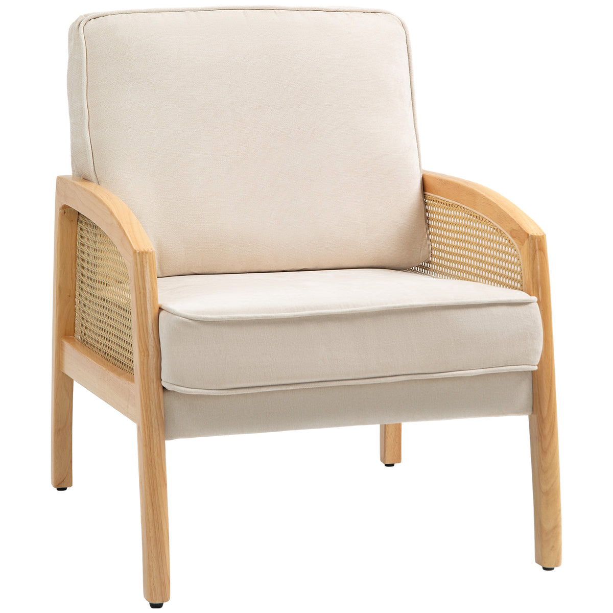 Poltrona Sala de Estar Moderna Poltrona Dormitório com Apoio para os Braços em Vime e Pés de Madeira Sofá Individual Carga 120 kg para Escritório Sala de Estar 67x75x88 cm Bege — foto 1
