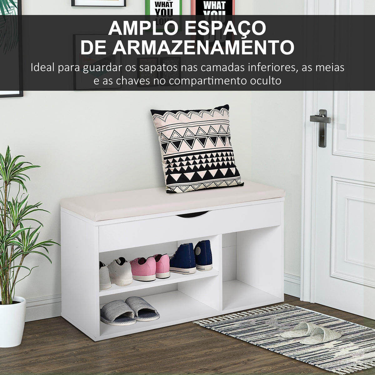 Banco Sapateira com Armazenamento Gaveta Prateleira e Assento Acolchoado para Entrada Estilo Moderno 80x30x47cm Branco — foto 5