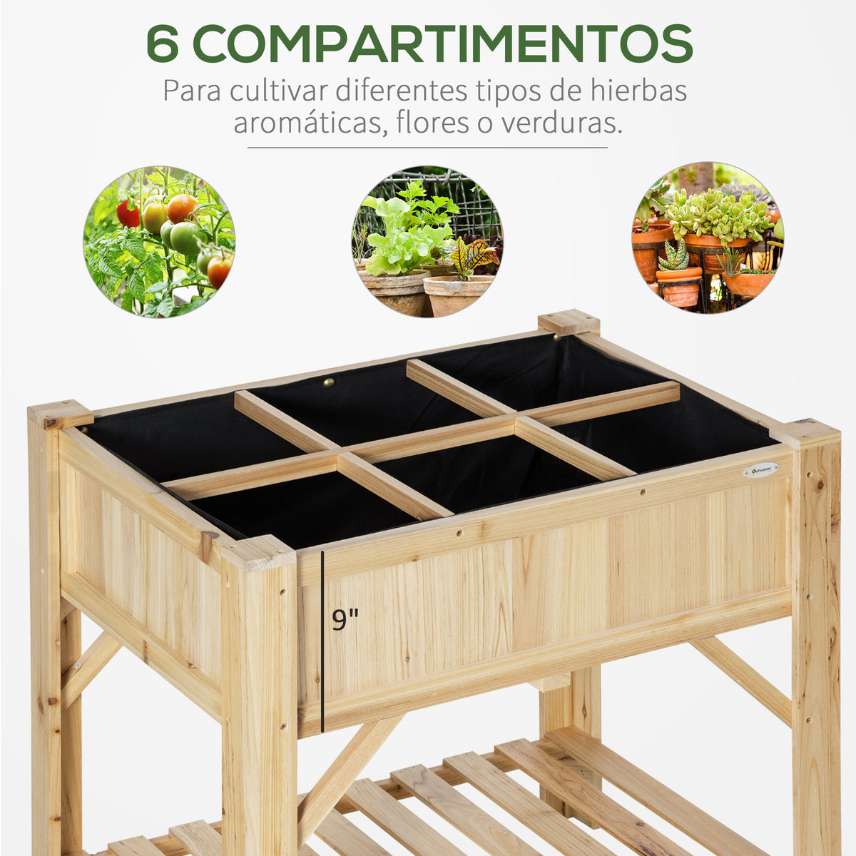 Horta Urbana de Madeira Mesa de Cultivo com 6 Compartimentos e Prateleira Inferior para Plantas e Flores em Jardim Terraço Exterior Capacidade 80 kg 78,5x58x81 cm Cor Natural — foto 4