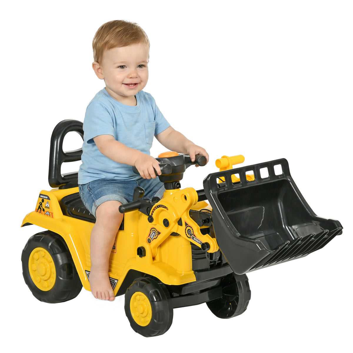 Carro Andador para Crianças de 18 a 48 Meses Escavadora para Crianças com Pá Dianteira Buzina Volante e Compartimento Oculto sob o Assento Carga 30 kg 80x26,5x39 cm Amarelo — foto 1