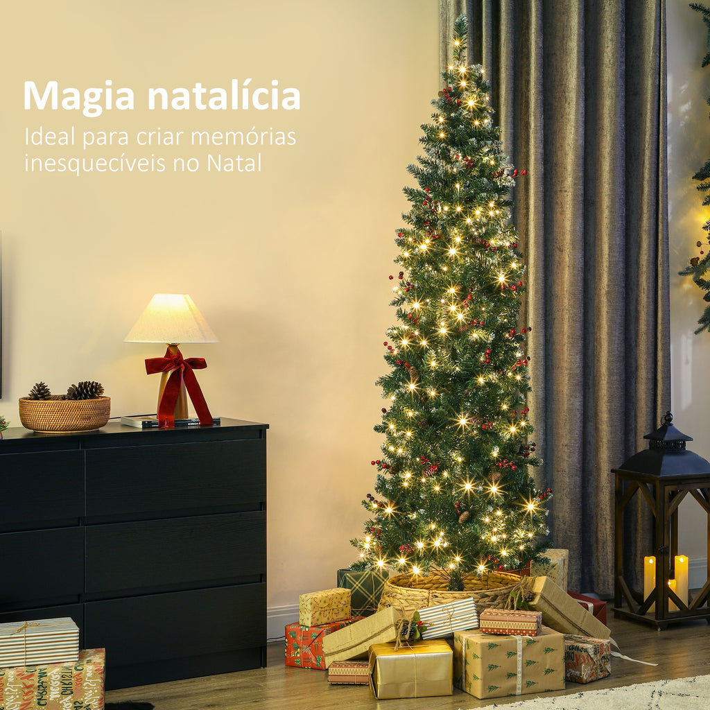 Árvore de Natal Slim 210 cm Árvore de Natal Artificial com Luzes LED Branco Quente 8 Modos de Iluminação 656 Ramos com Purpurina Prateada Pinhas Bagas e Suporte Metálico Verde — foto 4