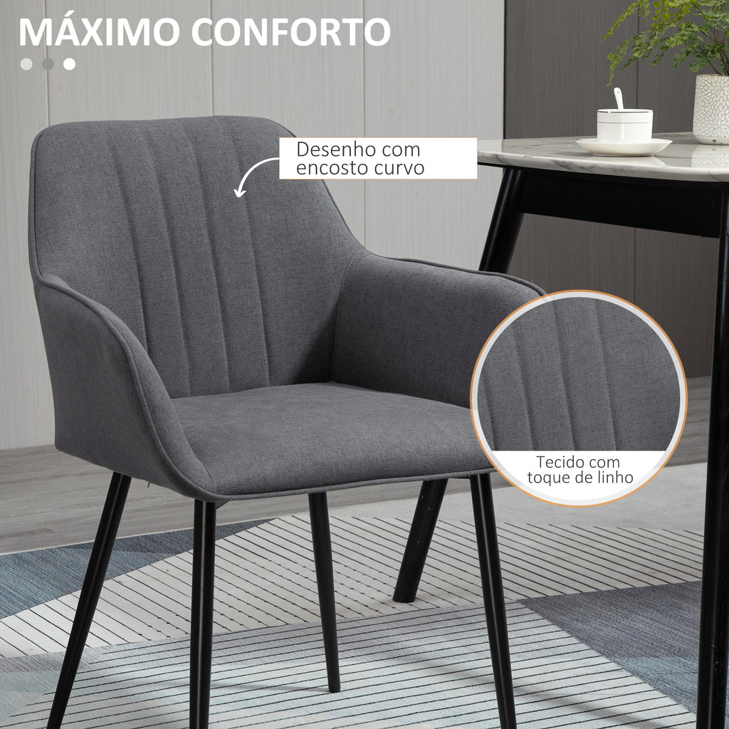 Conjunto de 2 Cadeiras de Sala de Jantar Estofadas em Linho Cadeiras de Cozinha com Encosto Apoio para os Braços e Pés de Metal 59,5x56,5x81 cm Cinza — foto 5