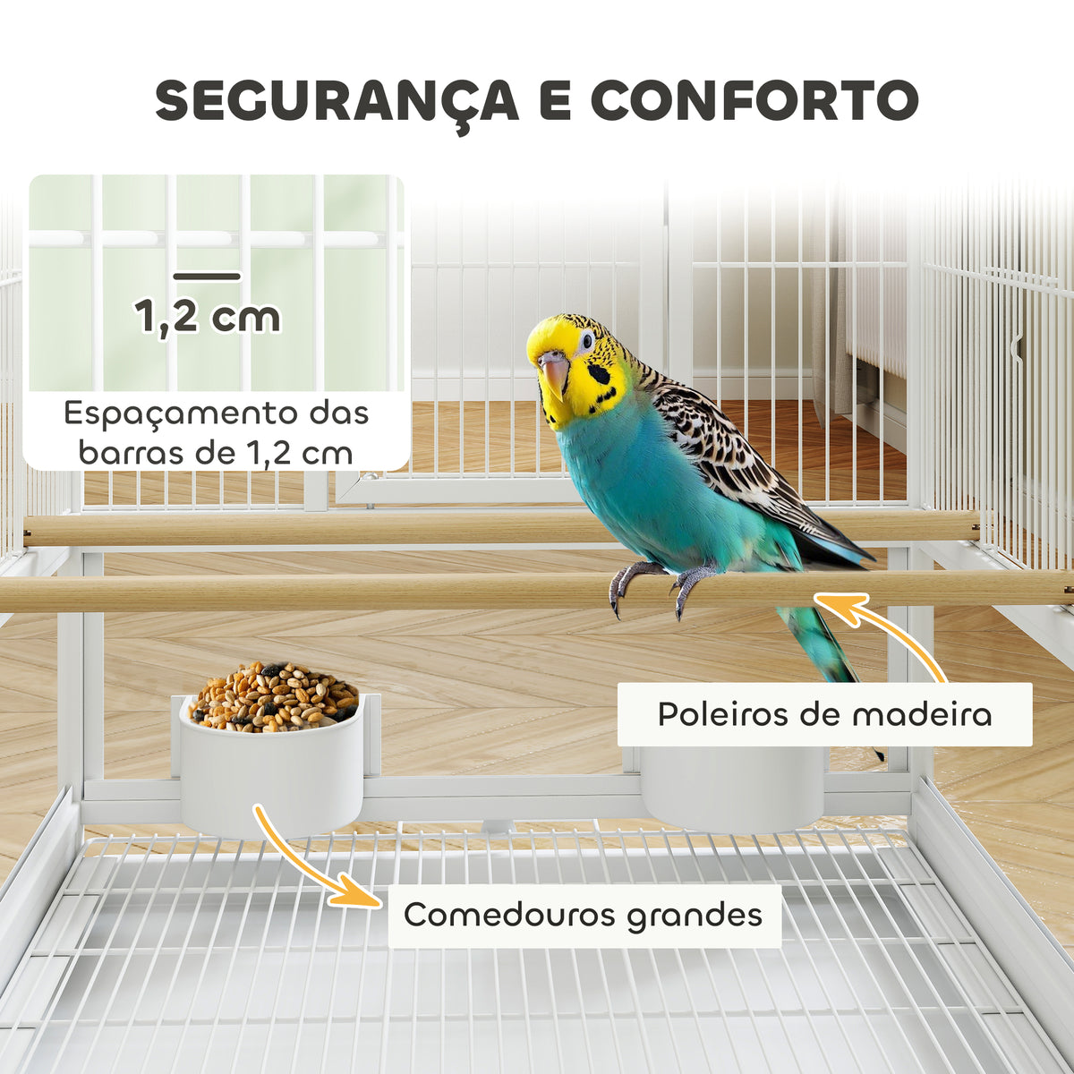 Gaiola para Pássaros Gaiola Grande com Rodas Painéis Acrílicos Comedouros Poleiros Prateleira Bandeja Amovível Gaiola para Papagaios Canários 48x46x83 cm Branco — foto 5