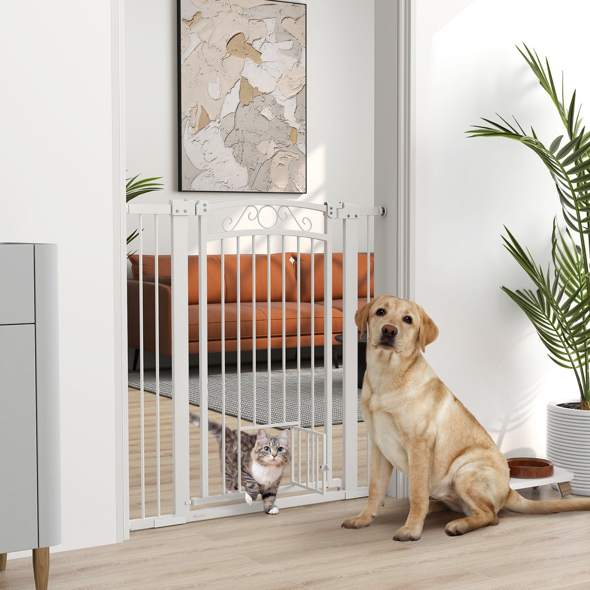 Barreira de Segurança para Cães Extensível 76-102 cm Barreira para Animais de Estimação Barreira para Cães com 2 Extensões Duplo Bloqueio e Porta Pequena para Escada Porta 76-102x4x104 cm Branco — foto 2
