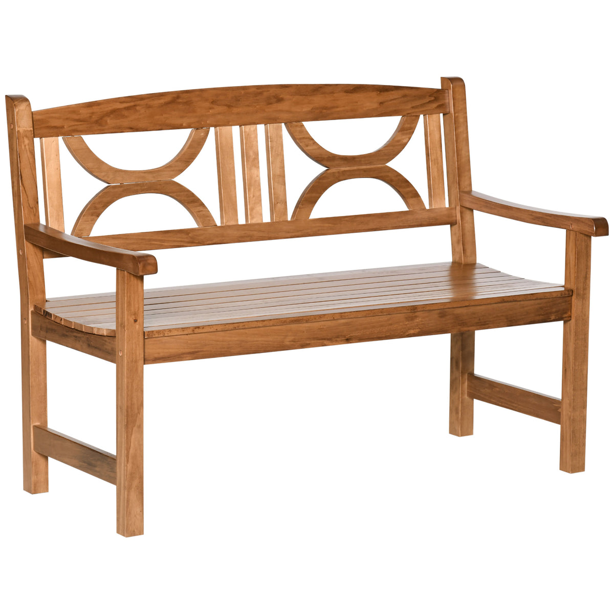 Banco de Madeira Exterior de 2 Lugares 123x61x89,5cm Banco de Jardim com Encosto Decorativo e Apoio para os Braços para Terraço Varanda Pátio Carga 250kg Natural — foto 1