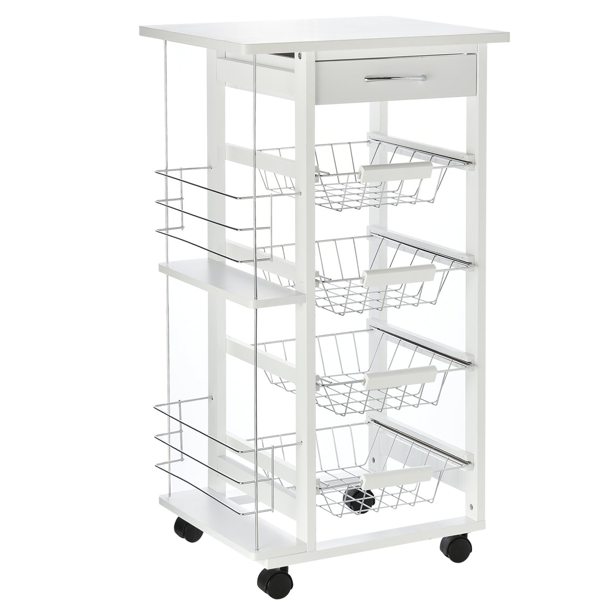 Carrinho de Cozinha com Rodas Carrinho Auxiliar com Gaveta 4 Cestas Amovíveis de Metal e Prateleiras Laterais 47x37x83 cm Branco — foto 1