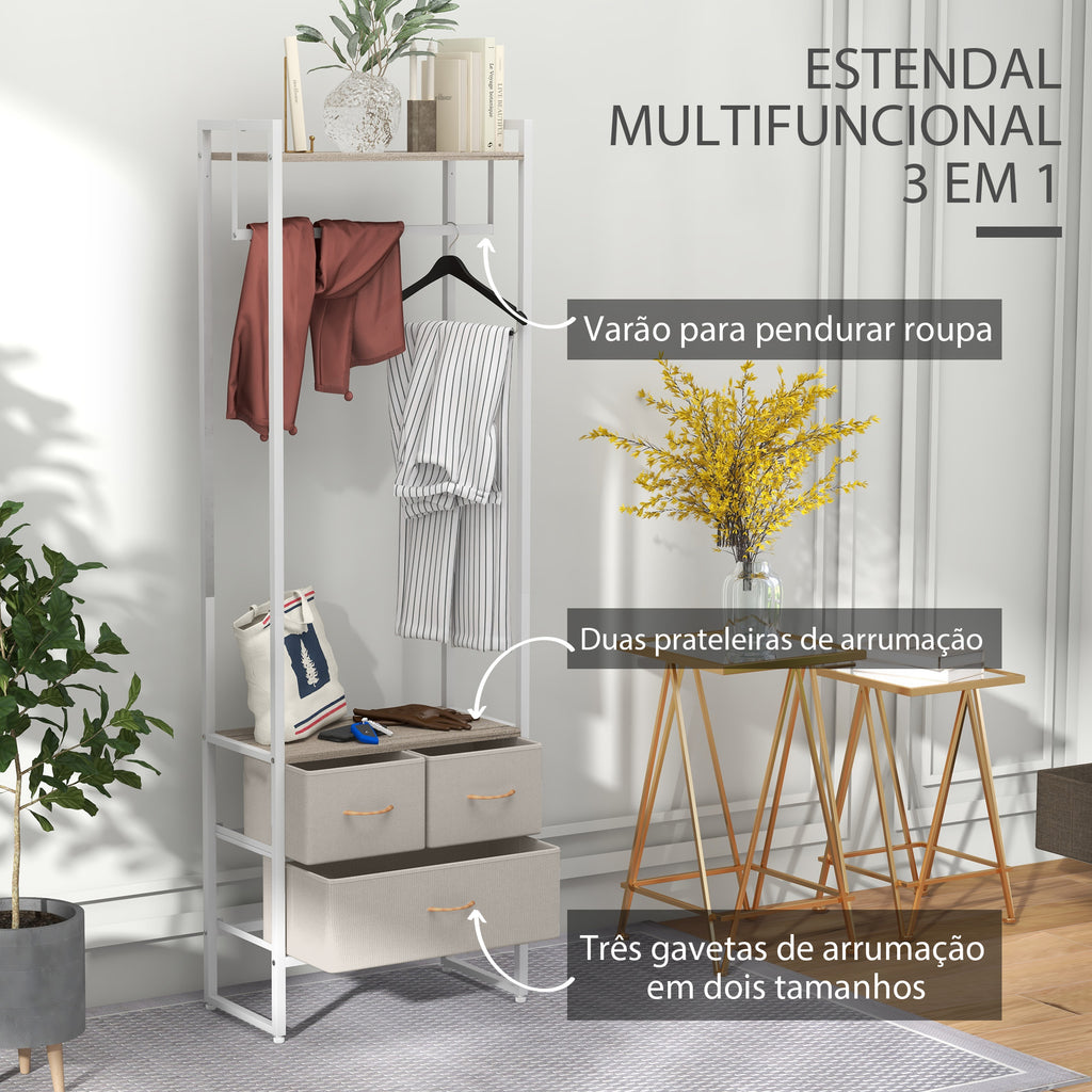 Suporte para Cabides com 3 Gavetas de Tecido Barra para Pendurar e Prateleira de Armazenamento para Entrada Quarto Sala 58,5x30x178 cm Natural — foto 4