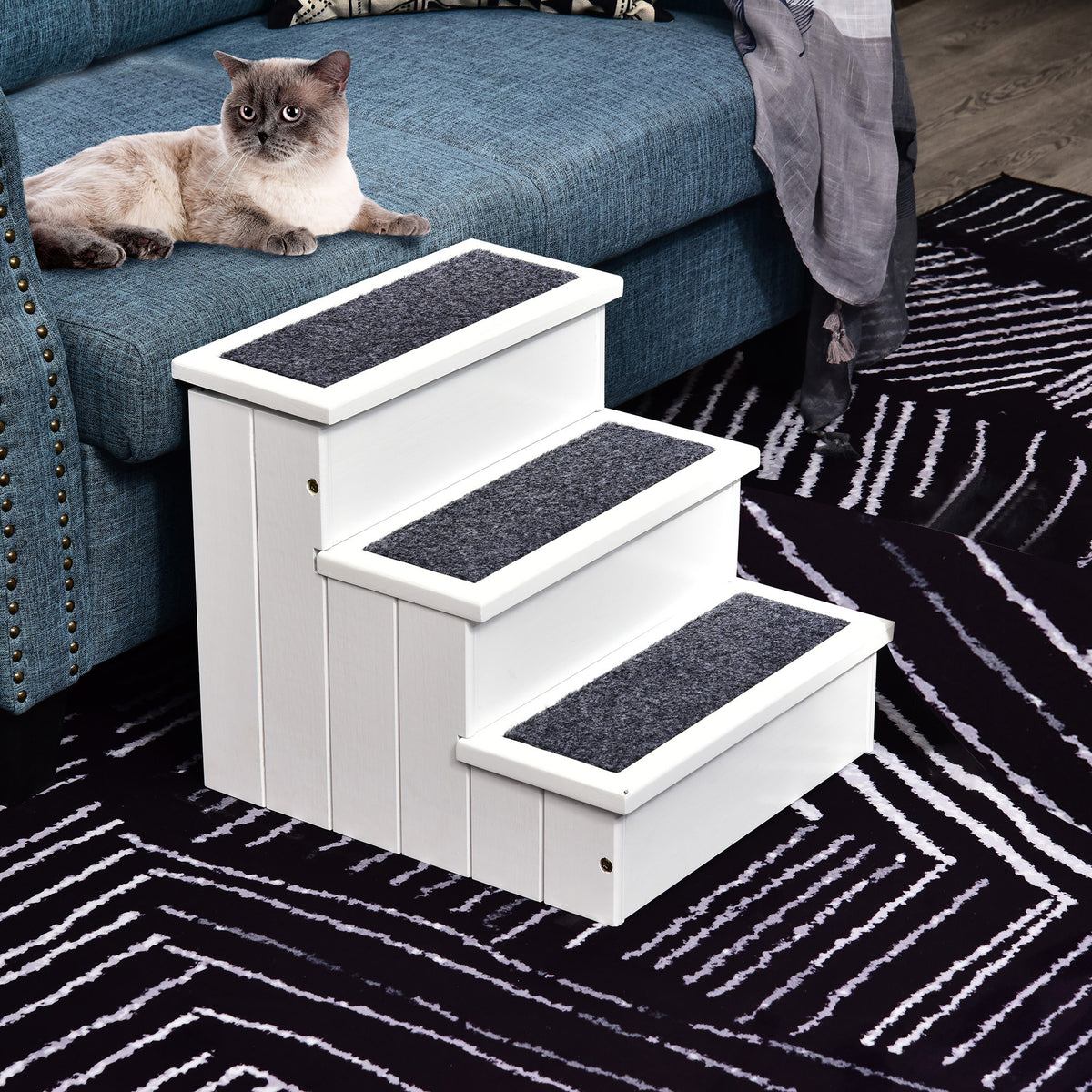 Escada para Animais de Estimação de 3 Degraus com Armazenamento e Tapete Antiderrapante Portátil Carga Máxima 30kg 40,5x44,5x38 cm Branco — foto 2