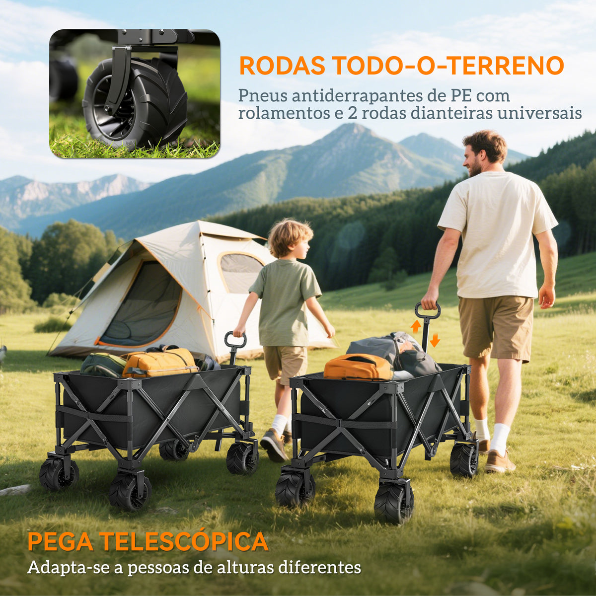 Carrinho de Transporte Dobrável com Rodas Giratórias 360° e Guiador Ajustável 59-89 cm para Campismo Praia 108x55x61-91 cm Preto — foto 4