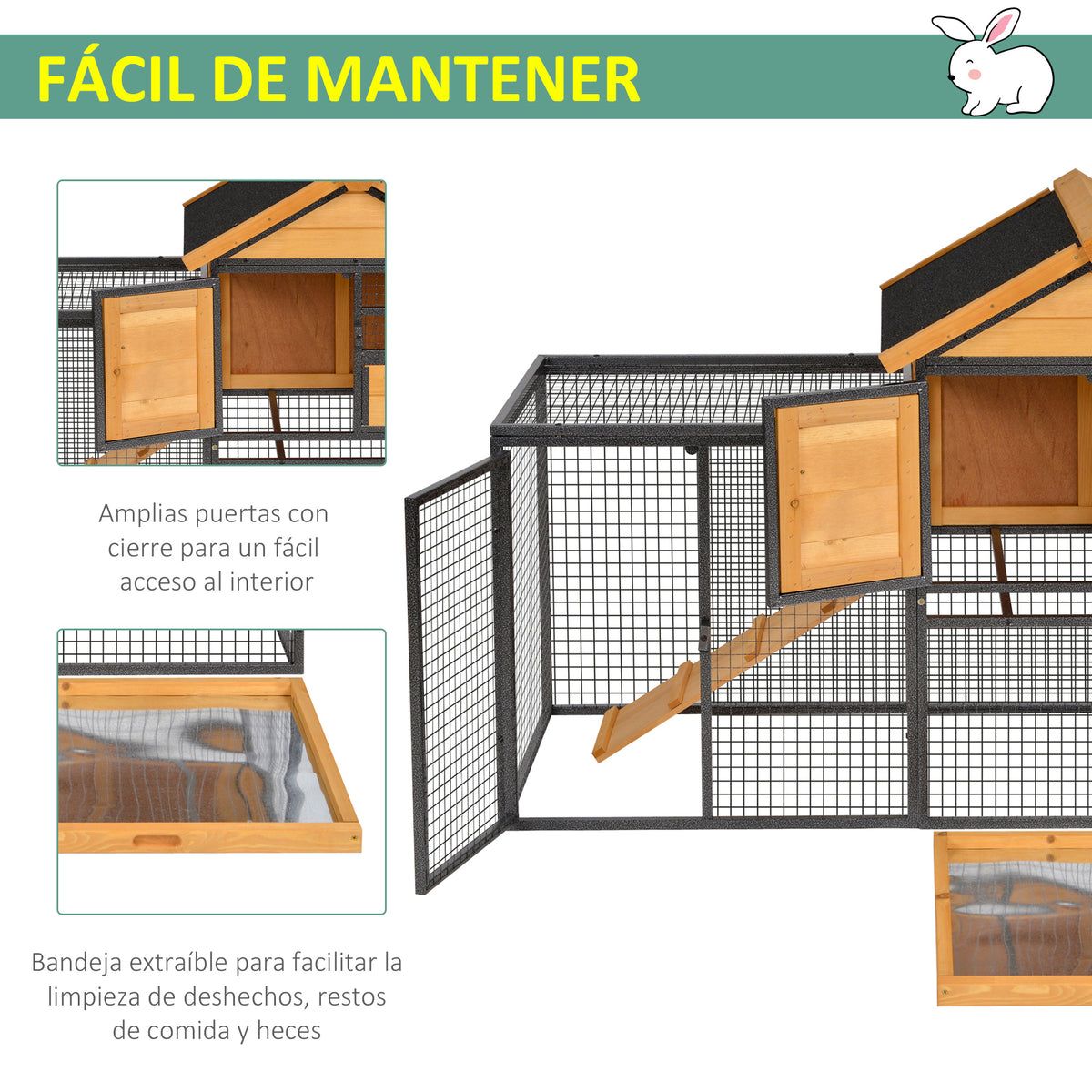 Coelheira Gaiola externa para pequenos animais de estimação 2 níveis com bandeja removível de madeira e rampa de metal 122x63x92 cm para coelhos cobaios de madeira e cinza — foto 5