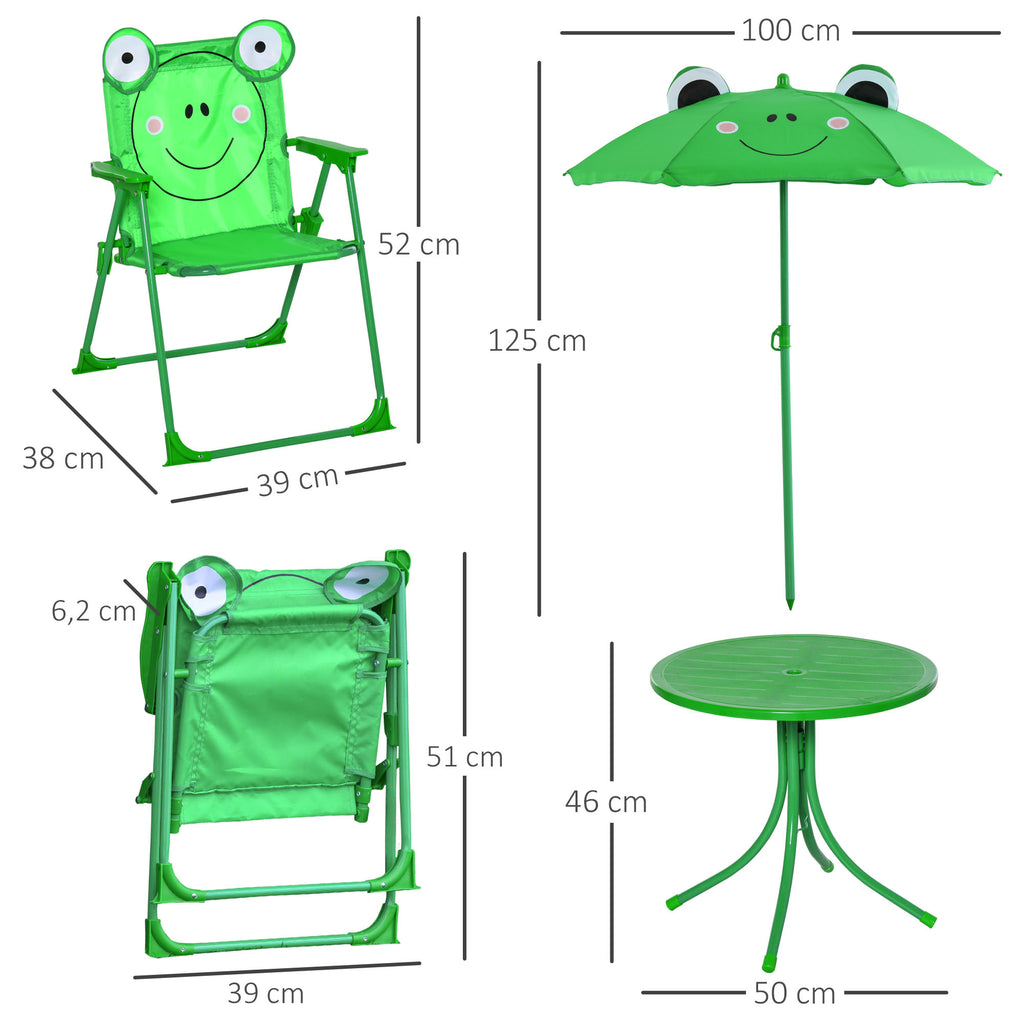 Conjunto de Mesa e Cadeira de Jardim Conjunto de Picnic Dobrável para Crianças Conjunto de Mesa com Chapéu de Sol com Altura Ajustável 100-125cm Desenho de Sapo Verde — foto 3