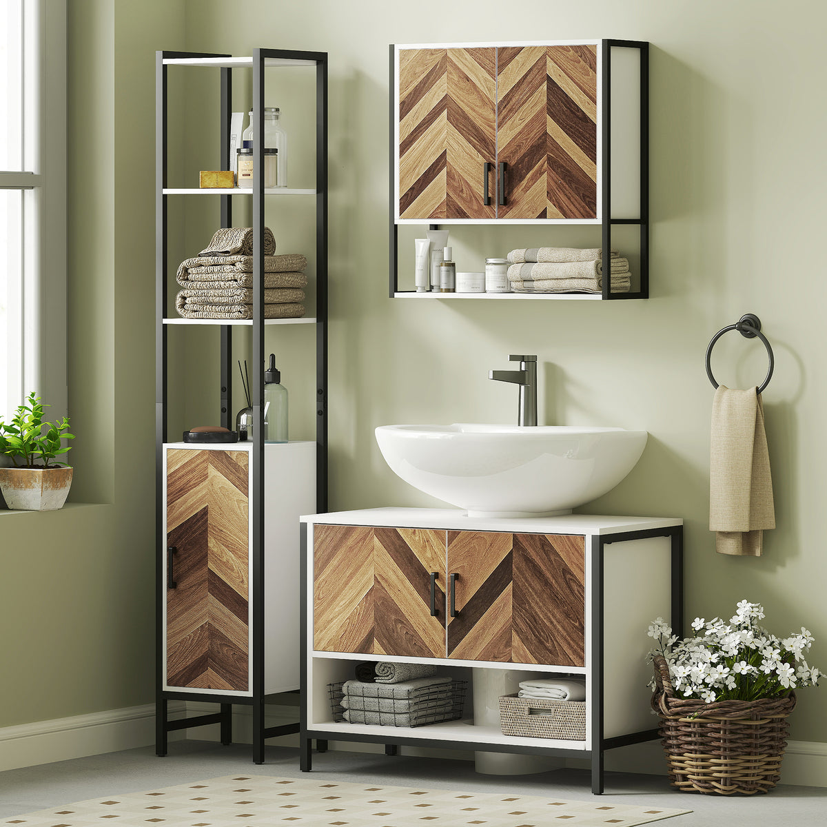 Móvel para Lavatório Pousar Móvel para Lavatório de Pé Móvel Casa de Banho com 2 Portas e Compartimento Aberto para Lavatório com ou sem Pedestral 80x40x60 cm Branco e Madeira — foto 2