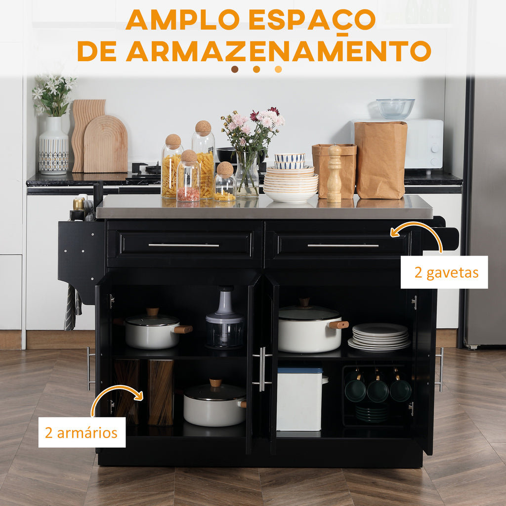 Ilha de Cozinha com Rodas Carrinho de Cozinha com Bancada de Aço Inoxidável 2 Gavetas 4 Portas 2 Prateleiras Ajustáveis Suporte para Especiarias e Toalheiro 145x45x93 cm Preto — foto 4