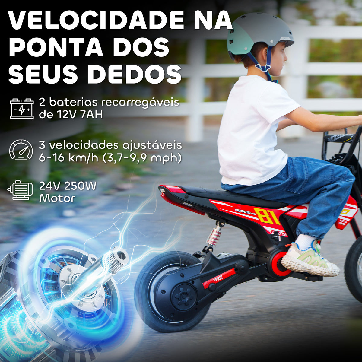 Mota Elétrica para Crianças 24V Mota Elétrica Infantil com Motor 250W Velocidade de 6-16km/h Rodas de Ø30,5 cm e Suspensão Traseira para Crianças de 8-12 Anos 119x64x76,5 cm Vermelho — foto 4