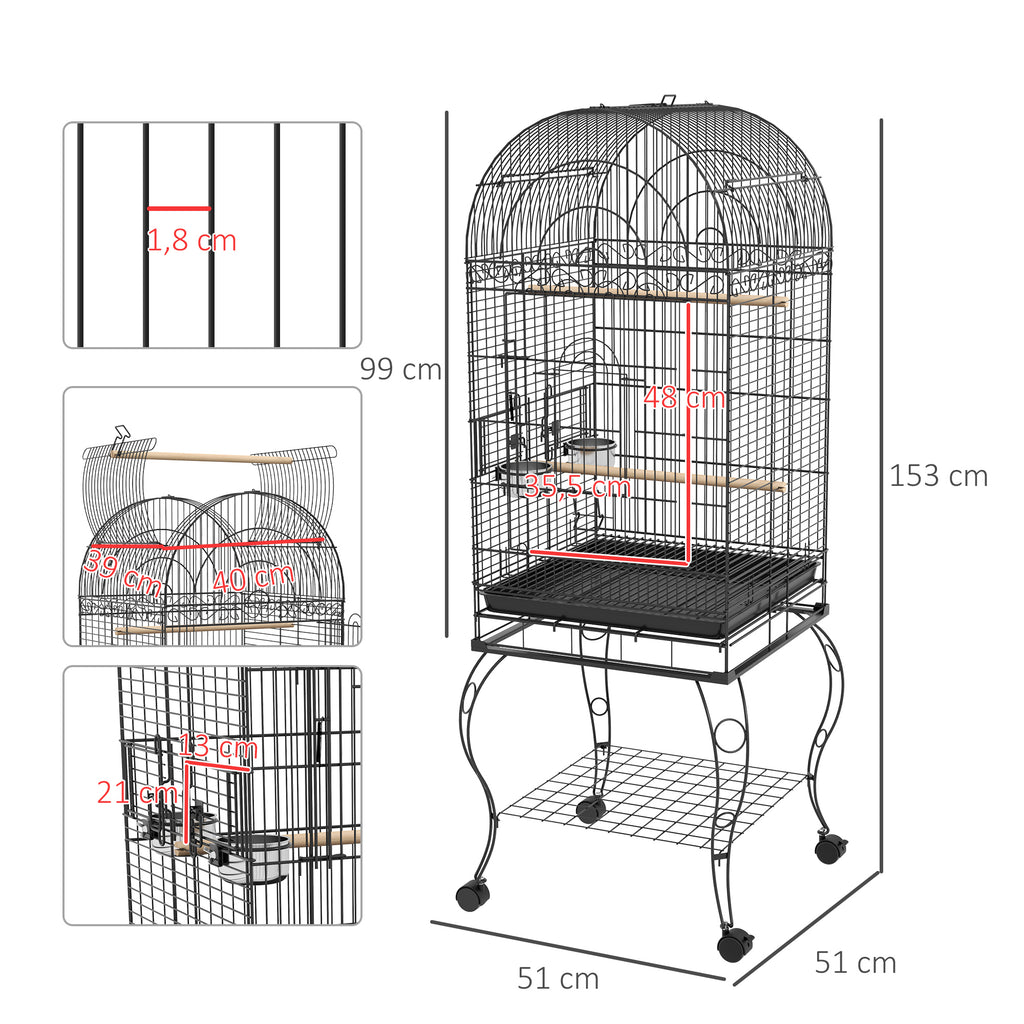 Gaiola para Pássaros com Rodas Gaiola para Pássaros com Bandeja Amovível Prateleira e 2 Comedouros de Aço Inoxidável e Poleiro para Periquitos Canários 51x51x153 cm Preto — foto 3