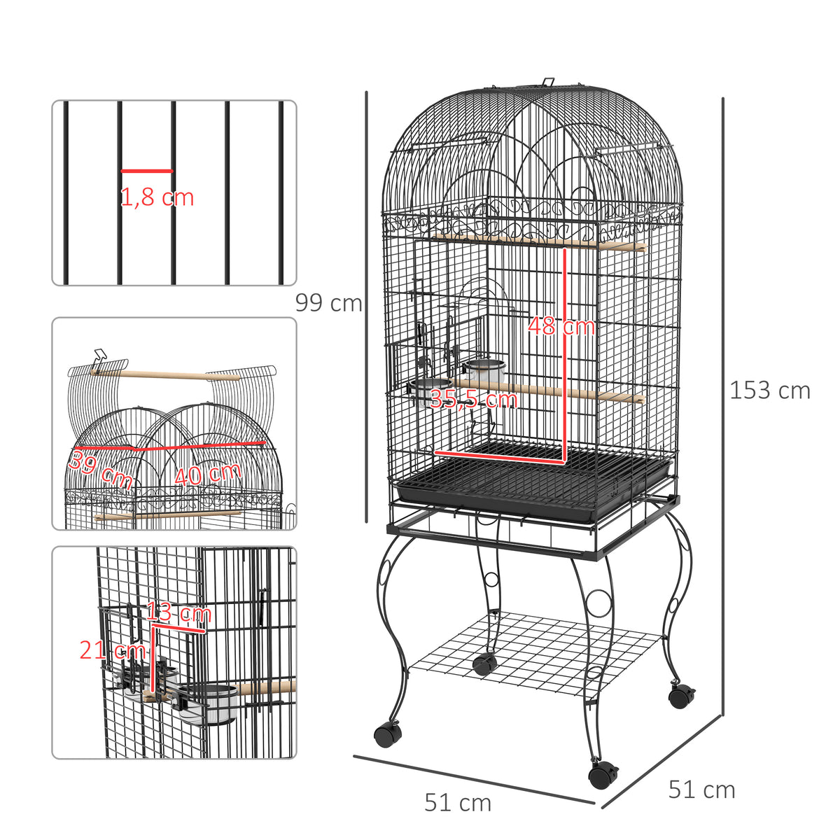 Gaiola para Pássaros com Rodas Gaiola para Pássaros com Bandeja Amovível Prateleira e 2 Comedouros de Aço Inoxidável e Poleiro para Periquitos Canários 51x51x153 cm Preto — foto 3