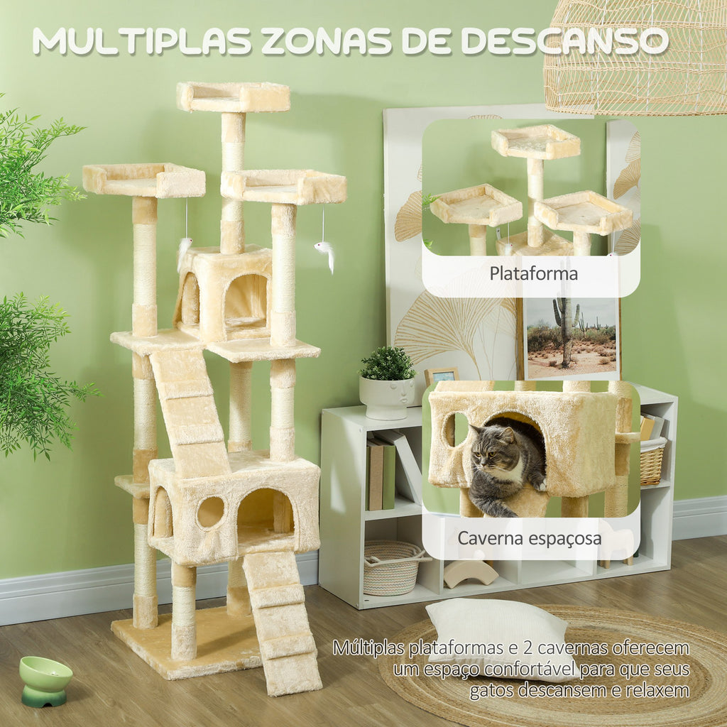 Arranhador para Gatos Grande 49x49x173 cm com Múltiplos Níveis Cavernas Brinquedos Suspensos Centro de Atividades de Sisal Bege — foto 6