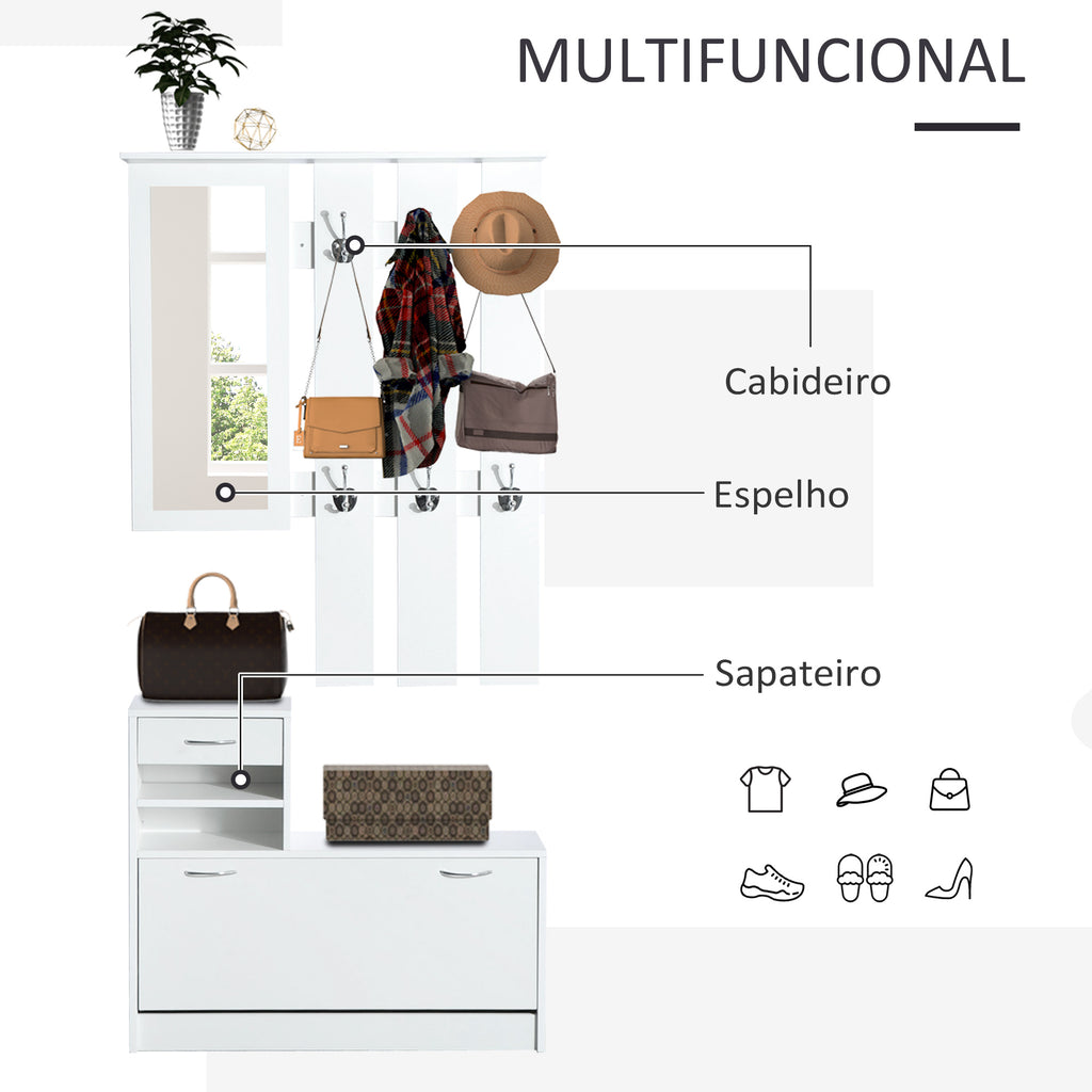 Móvel Cabide de Entrada de 3 Peças Armário de Entrada com Cabide Espelho Sapateira e Gaveta 90x10x102 cm Branco — foto 4