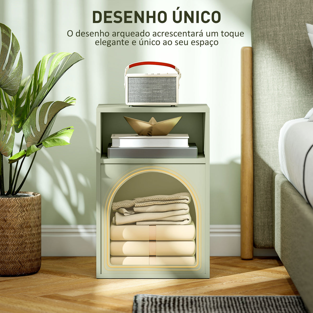 Mesa de Cabeceira Moderna Mesa de Cabeceira Estreita com 2 Compartimentos Abertos Desenho em Forma de Arco Mesa Auxiliar para Sala de Estar Quarto 40x30x60 cm Verde — foto 4