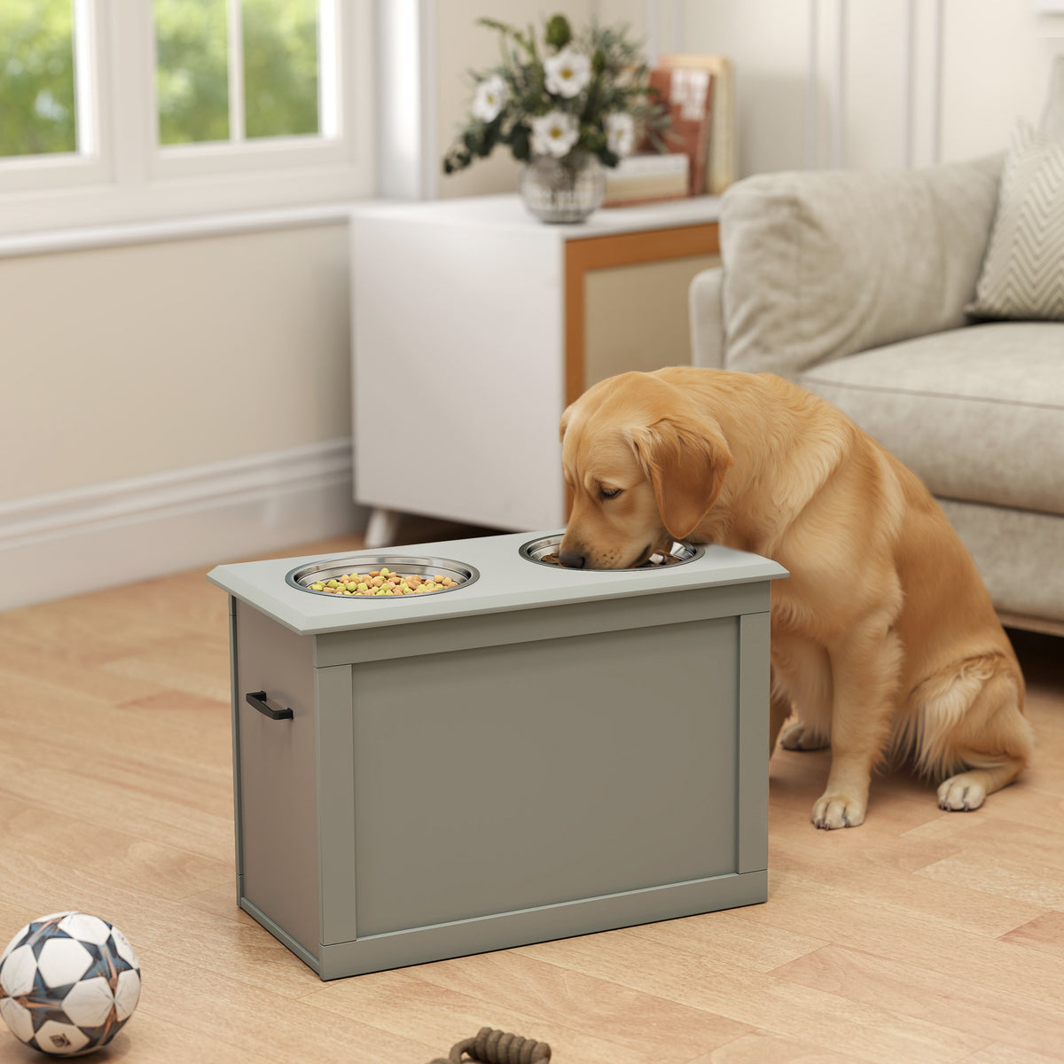 Comedouro Elevado para Cães Comedouro para Cães com 2 Tigelas de Aço Inoxidável e Espaço de Armazenamento Oculto 60x30x41 cm Cinzento — foto 2