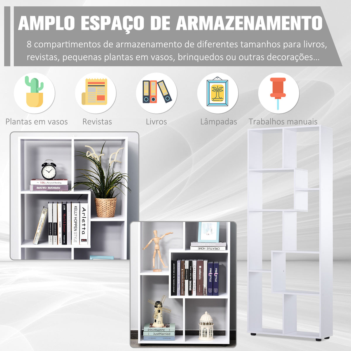 Prateleiras verticais modernas Design de estante com 8 prateleiras Painel de partículas E1 70x24x178cm Branco — foto 4