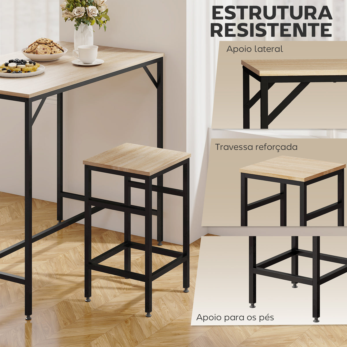 Conjunto de Mesa de Bar com 4 Bancos com Apoio para os Pés Conjunto de Móveis de 5 Peças Mesa de 100x60x88cm e Bancos de 32x32x57cm para Sala de Jantar Cozinha Preto e Carvalho — foto 5