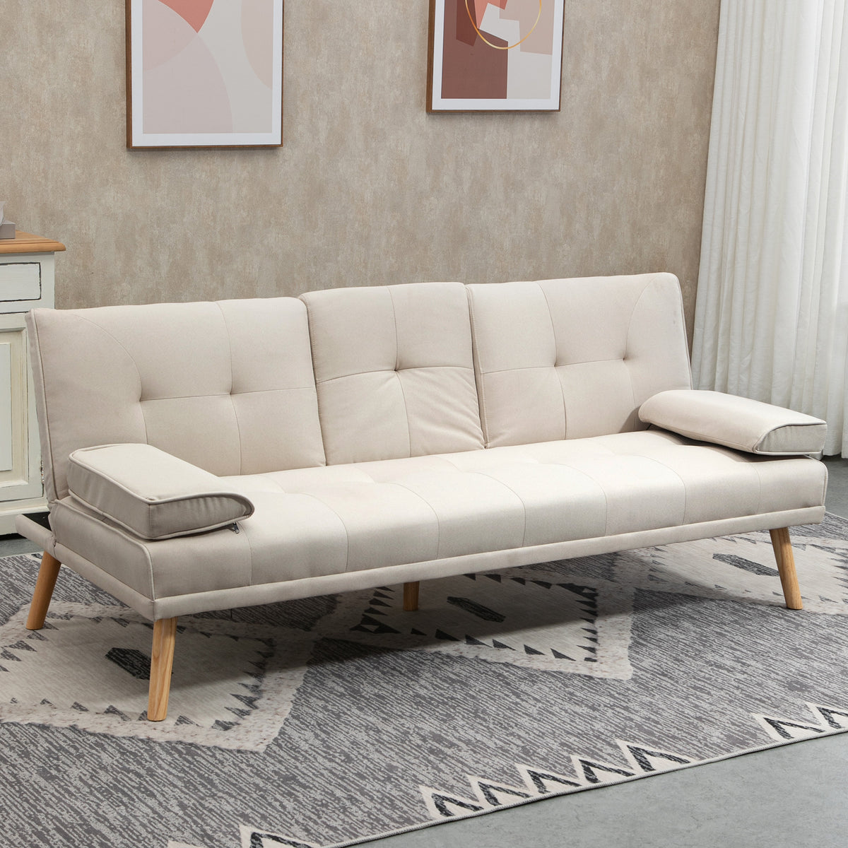 Sofá Cama 3 Lugares Sofá Cama Dobrável com Encosto Ajustável de 3 Níveis Apoio para os Braços Desmontável e 2 Suportes para Copos 181x77x78 cm Bege — foto 2