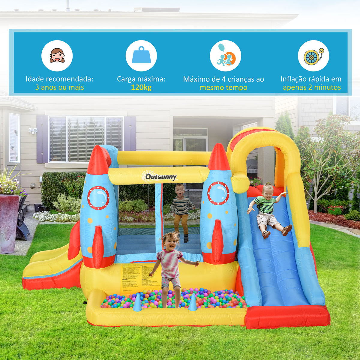 Castelo Insuflável com 2 Escorregas Trampolim e Piscina para Crianças acima de 3 Anos com Inflador e Bolsa de Transporte para Interior Exterior 330x265x185cm Multicor — foto 5