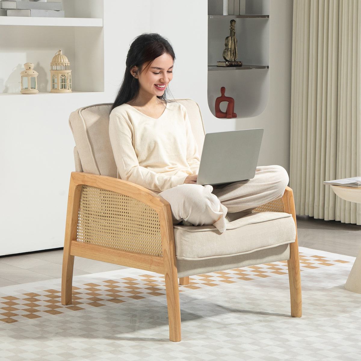Poltrona Sala de Estar Moderna Poltrona Dormitório com Apoio para os Braços em Vime e Pés de Madeira Sofá Individual Carga 120 kg para Escritório Sala de Estar 67x75x88 cm Bege — foto 7
