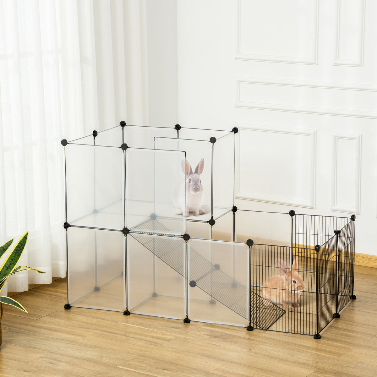 Recinto para Animais de Estimação Pequenos DIY com 21 Painéis de Resina e 6 Painéis de Arame Recinto Modular de Plástico para Hamsters Cobaias Coelhos 140x70x90cm Transparente e Preto — foto 2